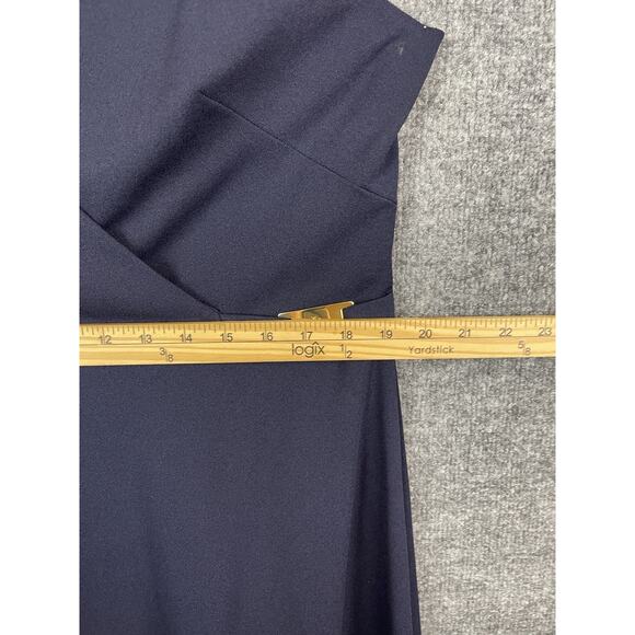 Ralph Lauren Crepe Sleeveless Dress Navy Blue Midi Gold Plated Logo Size 16 - Picture 6 of 16